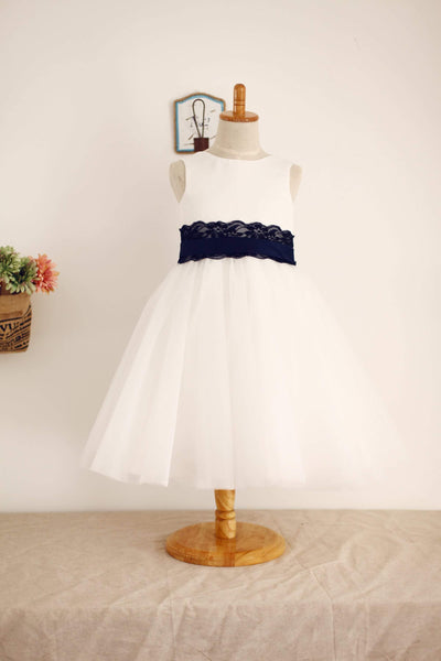 Ivory Satin Tulle Flower Girl Dress with navy blue Lace sash - Flower Girl Dresses