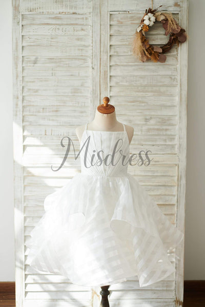 Ivory Stripe Organza Spaghetti Straps Wedding Flower Girl Dress - Flower Girl Dresses