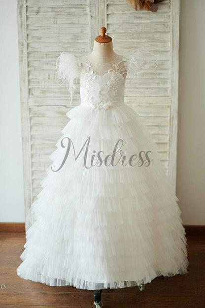 Ivory Tulle Cap Sleeves V Back Cupcake Wedding Flower Girl Dress with Train - Flower Girl Dresses