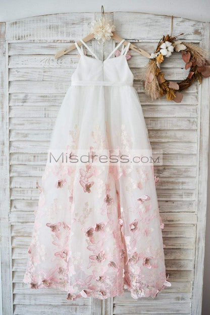 Ivory Tulle Spaghetti Straps Wedding Party Flower Girl Dress with 3D butterflies - Flower Girl Dresses