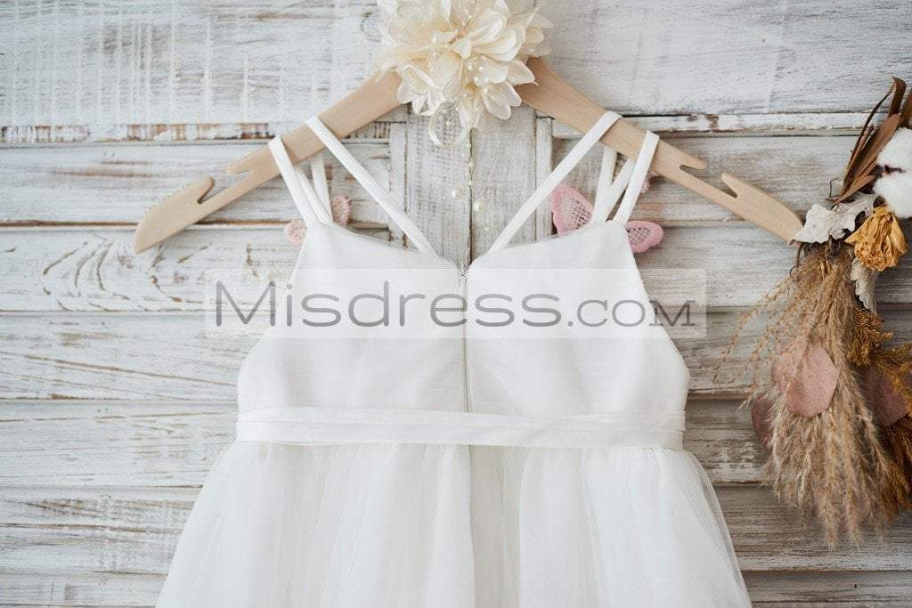 Ivory Tulle Spaghetti Straps Wedding Party Flower Girl Dress with 3D butterflies - Flower Girl Dresses