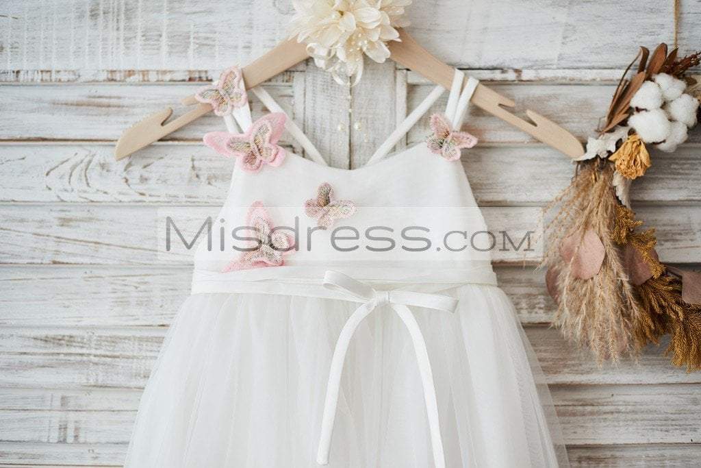 Ivory Tulle Spaghetti Straps Wedding Party Flower Girl Dress with 3D butterflies - Flower Girl Dresses