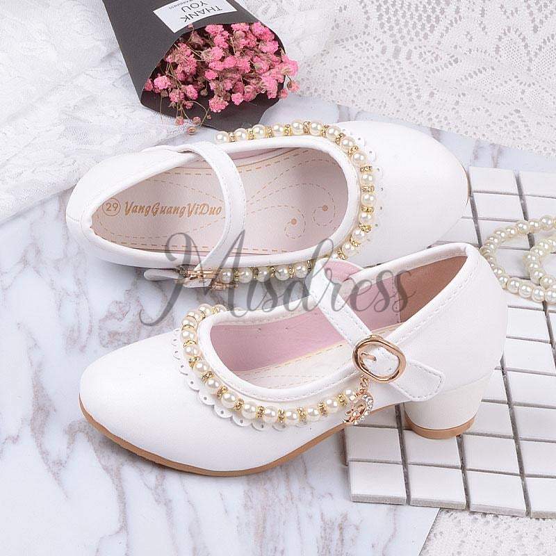 Ivory/Pink Leather Rhinestone Pearls Wedding Flower Girl Shoes High Heels Princess Shoes - EU Size 26 / Ivory