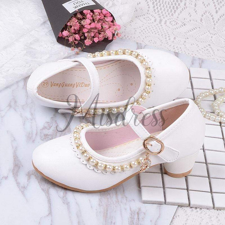 Ivory Pink Leather Rhinestone Pearls Wedding Flower Girl Shoes High He Misdress
