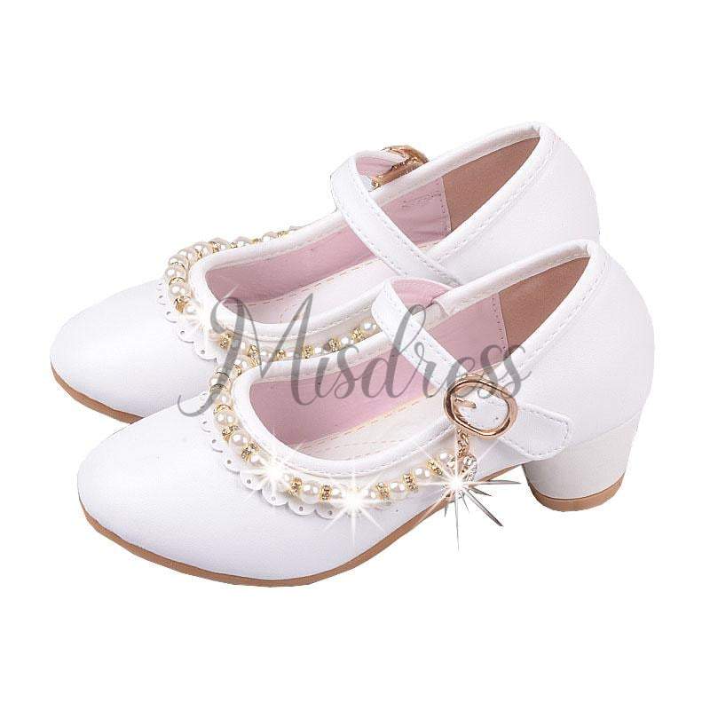 Ivory/Pink Leather Rhinestone Pearls Wedding Flower Girl Shoes High Heels Princess Shoes EU Size 30 / Pink