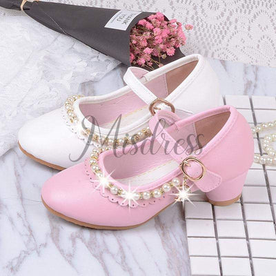 Ivory/Pink Leather Rhinestone Pearls Wedding Flower Girl Shoes High Heels Princess Shoes