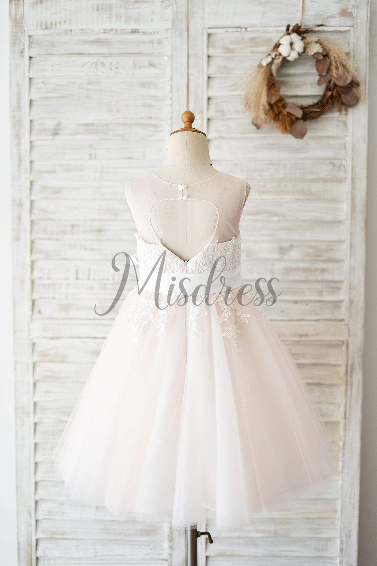 Keyhole Back Ivory Lace Pink Tulle Wedding Flower Girl Dress - Flower Girl Dresses