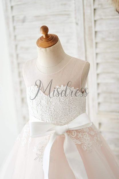 Keyhole Back Ivory Lace Pink Tulle Wedding Flower Girl Dress - Flower Girl Dresses