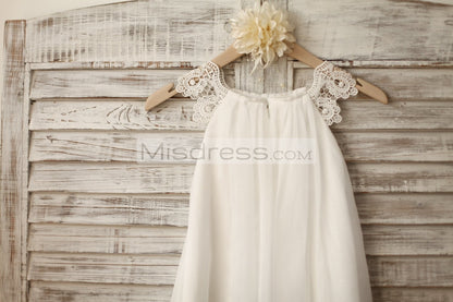 Lace Cap Sleeves Boho Beach Ivory Chiffon Flower Girl Dress - Flower Girl Dresses