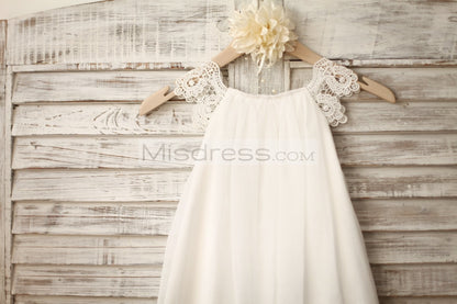 Lace Cap Sleeves Boho Beach Ivory Chiffon Flower Girl Dress - Flower Girl Dresses