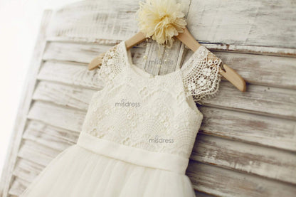 Lace Cap Sleeves Ivory Tulle Tutu Flower Girl Dress - Flower Girl Dresses