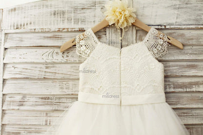 Lace Cap Sleeves Ivory Tulle Tutu Flower Girl Dress - Flower Girl Dresses