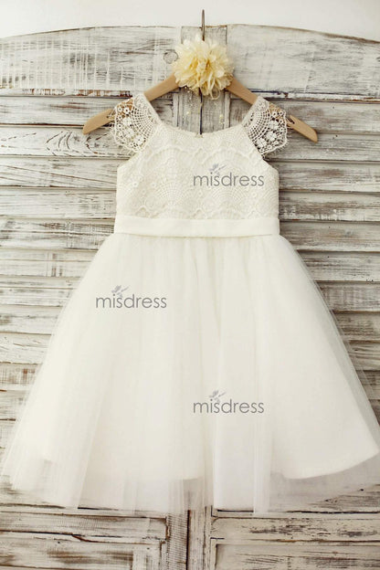 Lace Cap Sleeves Ivory Tulle Tutu Flower Girl Dress - Flower Girl Dresses