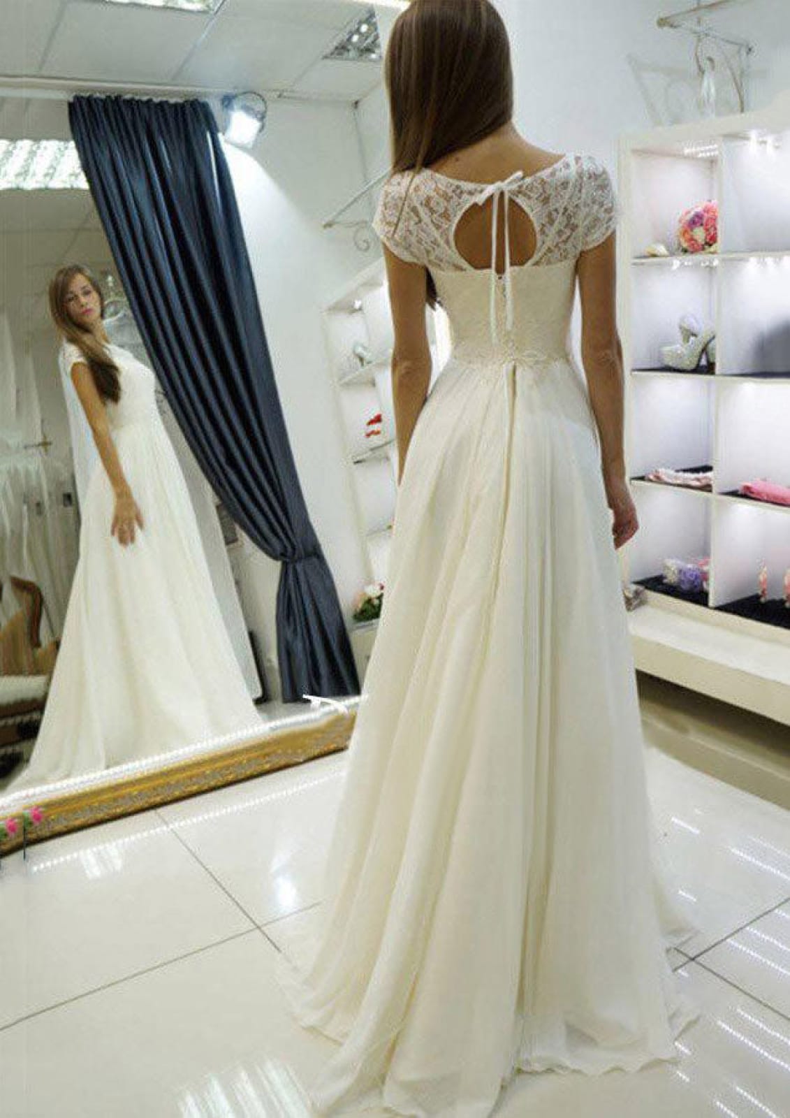 Lace Chiffon A-Line Bateau Keyhole Floor-Length Wedding 