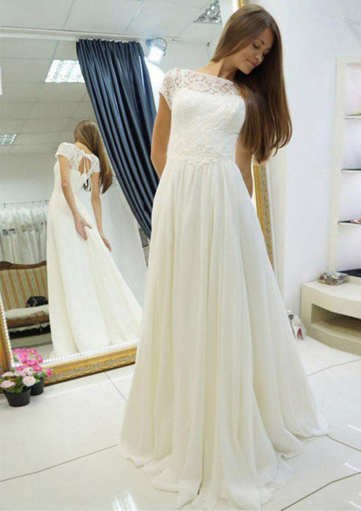 Lace Chiffon A-Line Bateau Keyhole Floor-Length Wedding Dress | Misdress Lace Chiffon A-Line Bateau Keyhole Floor-Length Wedding Dress | Misdress