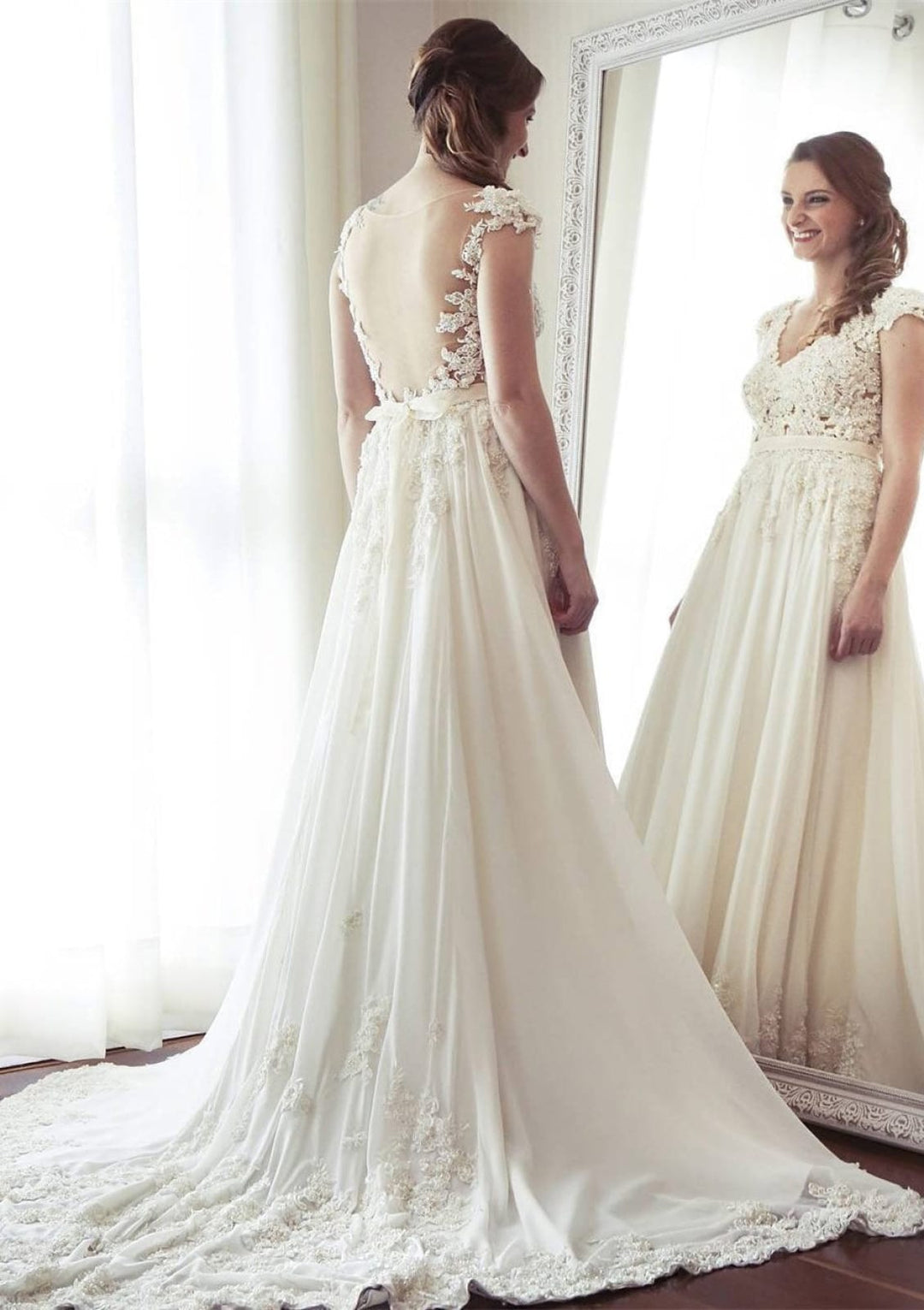 lace illusion back chiffon wedding dress Lace Chiffon V-Neck Illusion Back Court A-line Bridal Dress, Sash