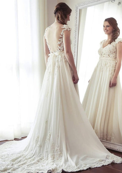 Chiffon V-Neck Sheer Back Court A-line Bridal Wedding Dress 