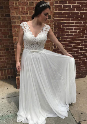 Lace Chiffon V-Neck Sweep A-Line Wedding Dress Belt Pleats -