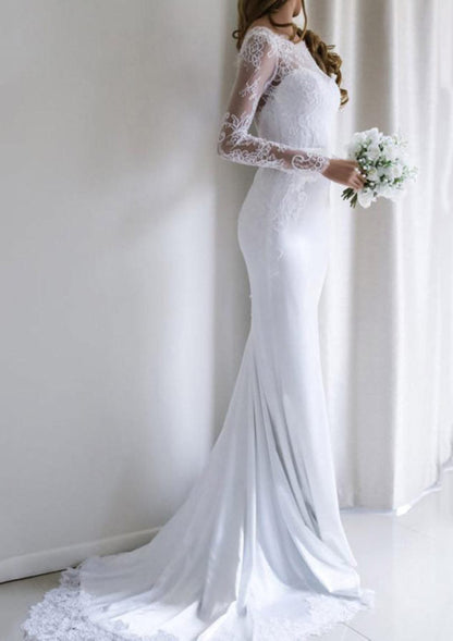 Lace Elastic Satin Bateau Long Sleeve Court Train Mermaid 