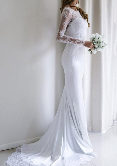 Lace Elastic Satin Bateau Long Sleeve Court Train Mermaid 