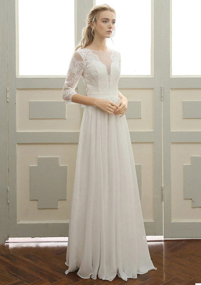 Chiffon Wedding Dress A-Line Bateau Floor-Length Lace Pleats