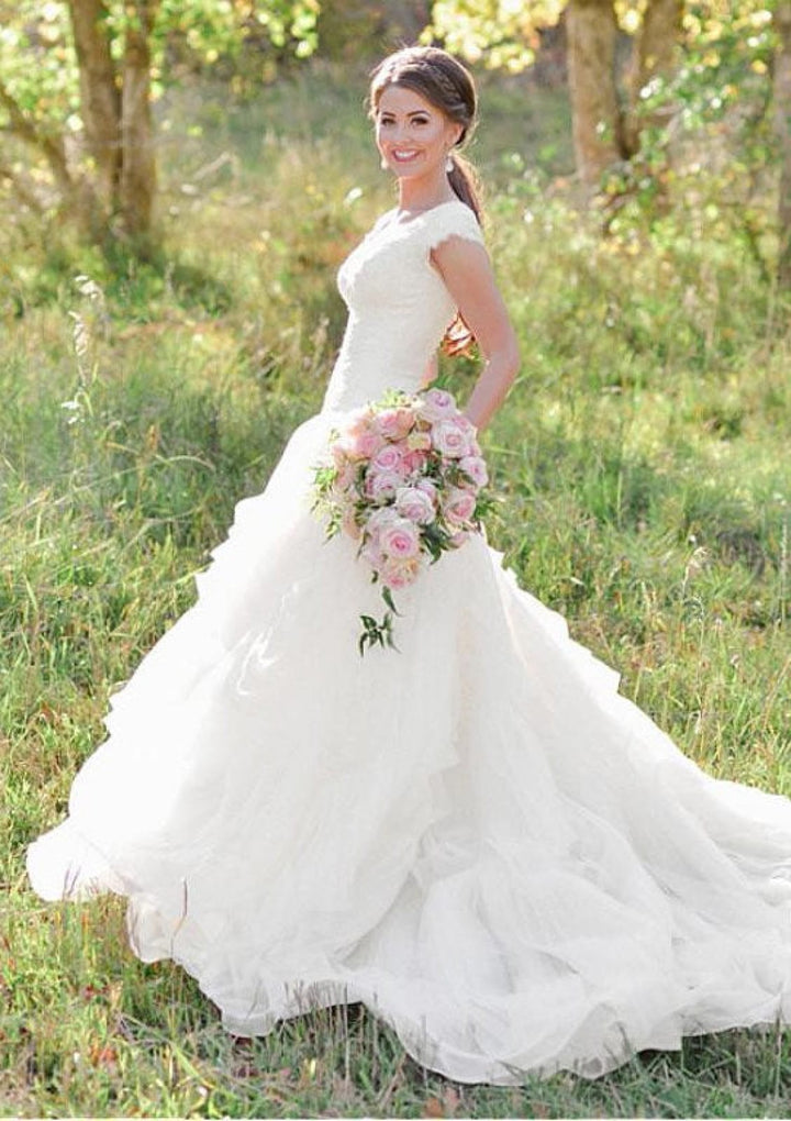 Lace Organza Ruffles Queen Anne Neck A-line Wedding Dress, Buttons |  Misdress