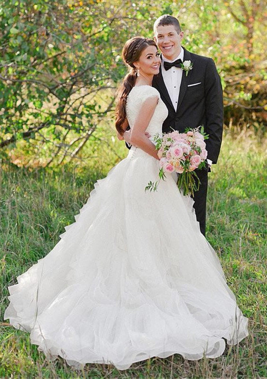 Lace Organza Ruffles Queen Anne Neck A-line Wedding Dress, Buttons | Misdress Lace Organza Ruffles Queen Anne Neck A-line Wedding Dress, Buttons | Misdress