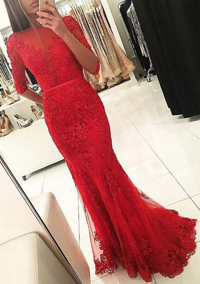 Lace Prom Dress Trumpet/Mermaid Bateau Sweep Train