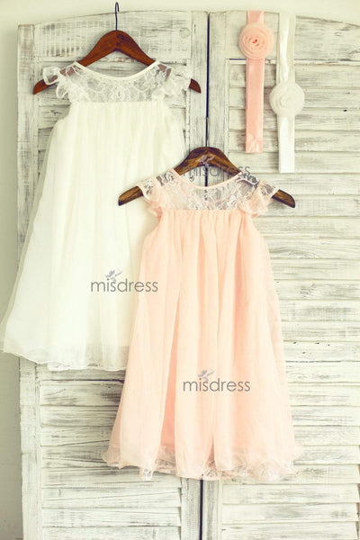 Lace Ruffled Cap Sleeves Chiffon Flower Girl Dress with flower sash - Flower Girl Dresses