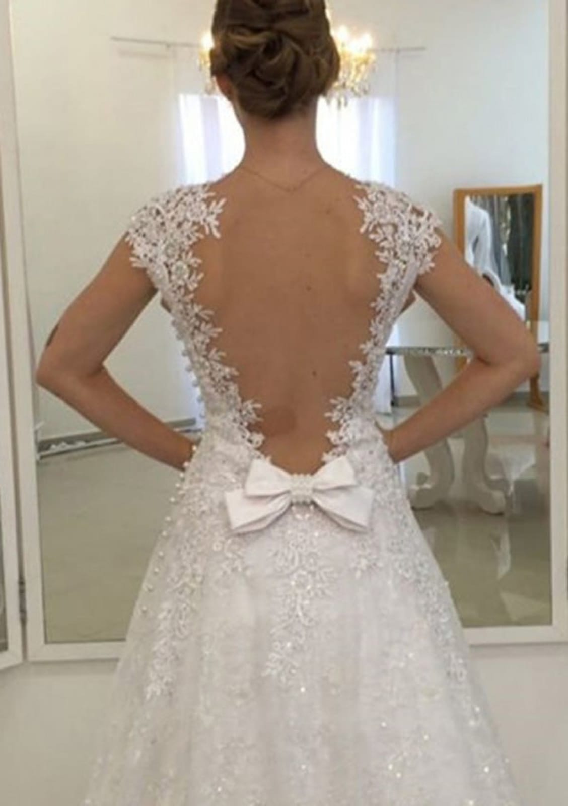 Beading Lace Tulle Sweep Open Back Wedding Dress Bowknot - 