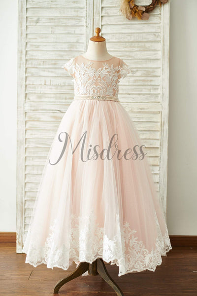 Lace Tulle V Back Cap Sleeves Floor Length Wedding Flower Girl Dress - Flower Girl Dresses