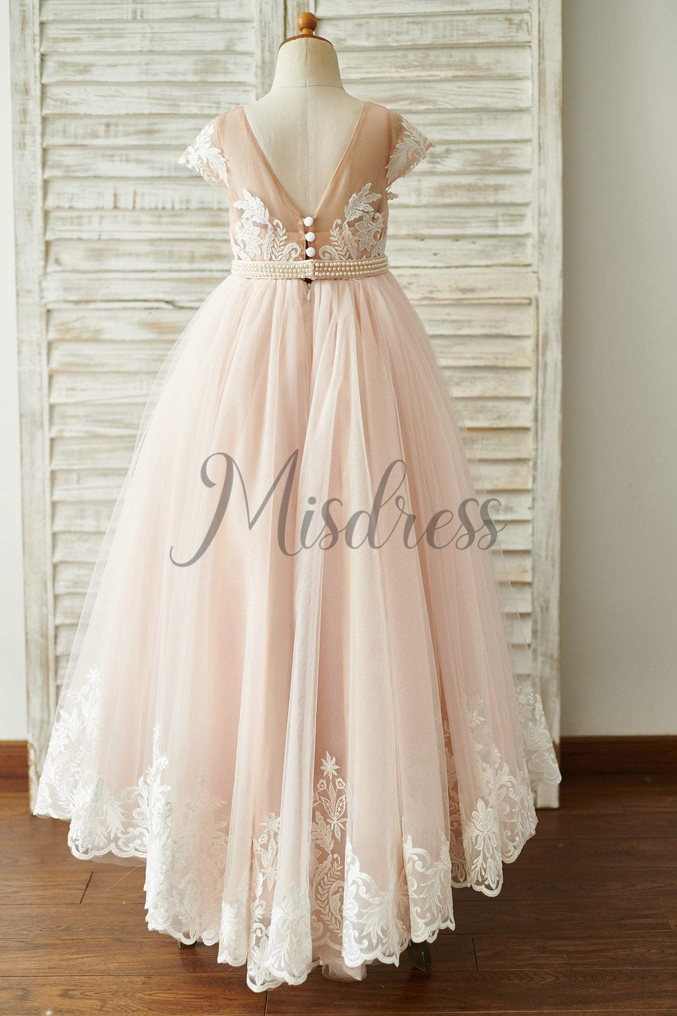 Lace Tulle V Back Cap Sleeves Floor Length Wedding Flower Girl Dress - Flower Girl Dresses