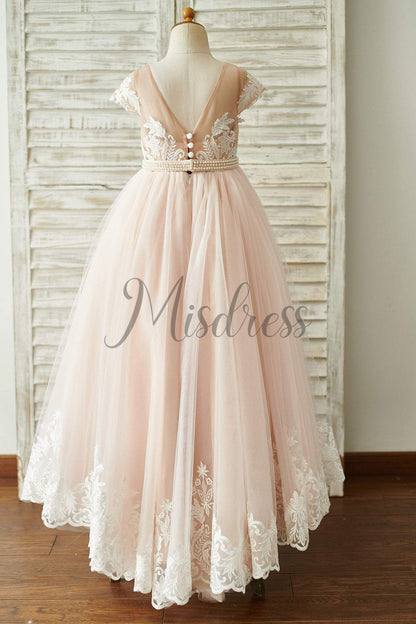 Lace Tulle V Back Cap Sleeves Floor Length Wedding Flower Girl Dress - Flower Girl Dresses