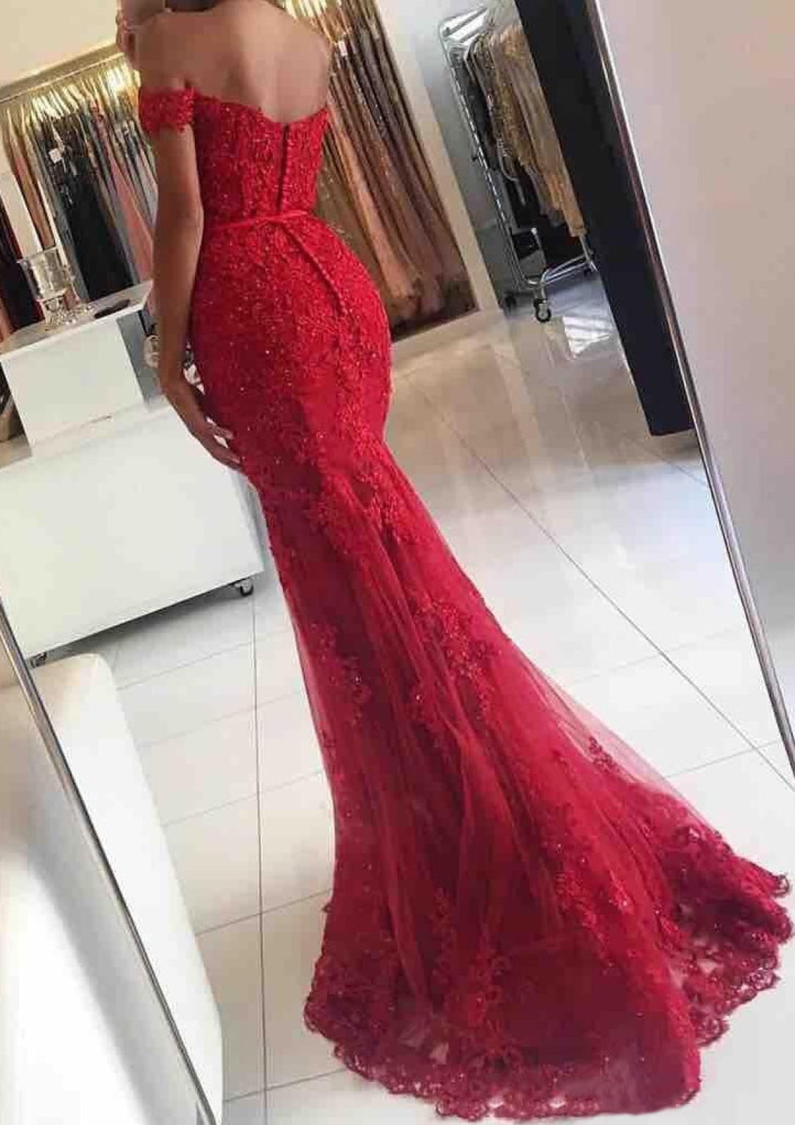 Lace Tulle Off Shoulder Sweep Train Long Mermaid Formal Gown