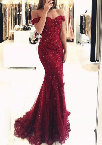 Lace Tulle Off Shoulder Sweep Train Long Mermaid Formal Gown