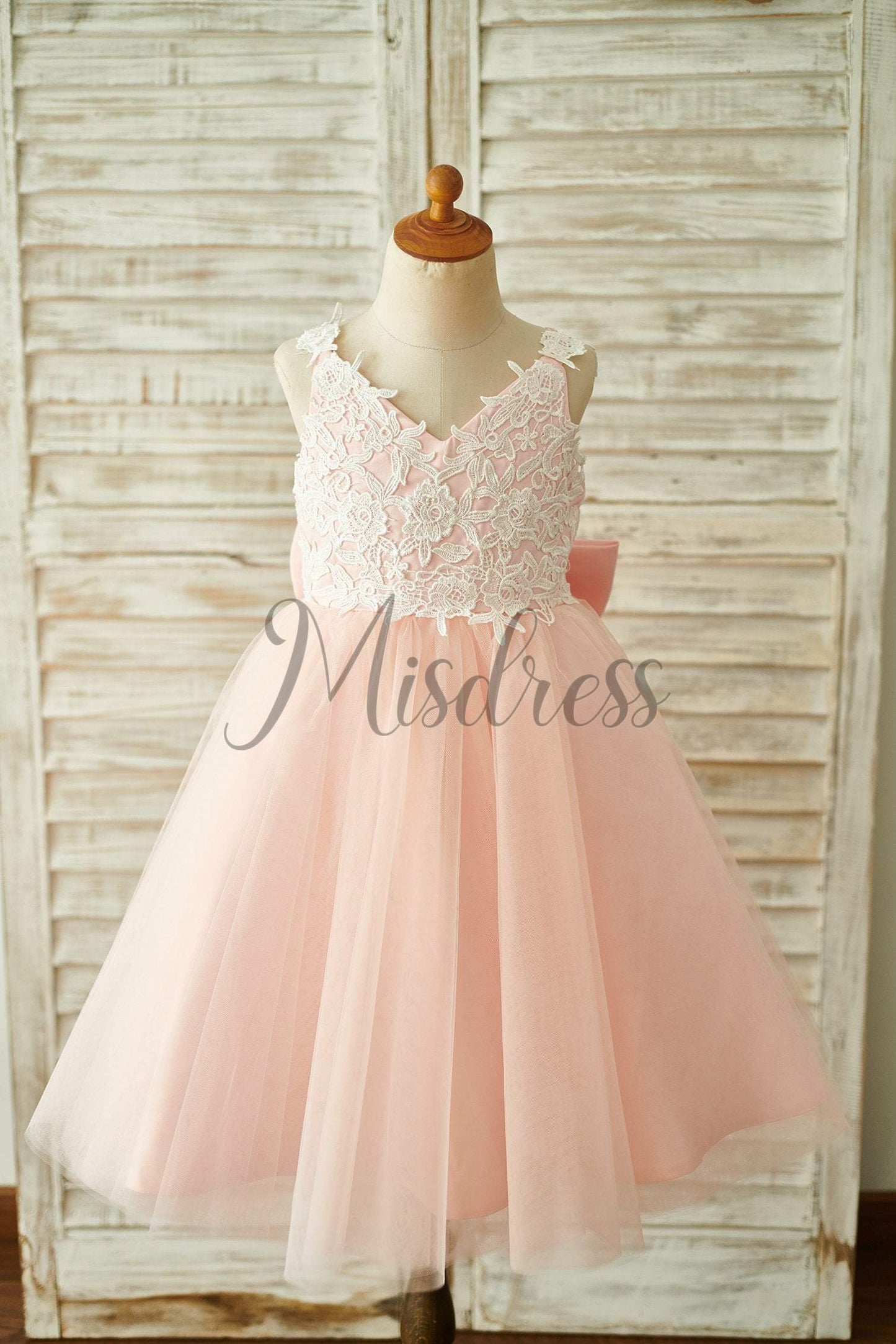 Lace Tulle Spaghetti straps Wedding Flower Girl Dress with Bow - 1T --- Chest = 20 inches/ Waist = 19 inches/ Hollow to knee = 20.5 inches /