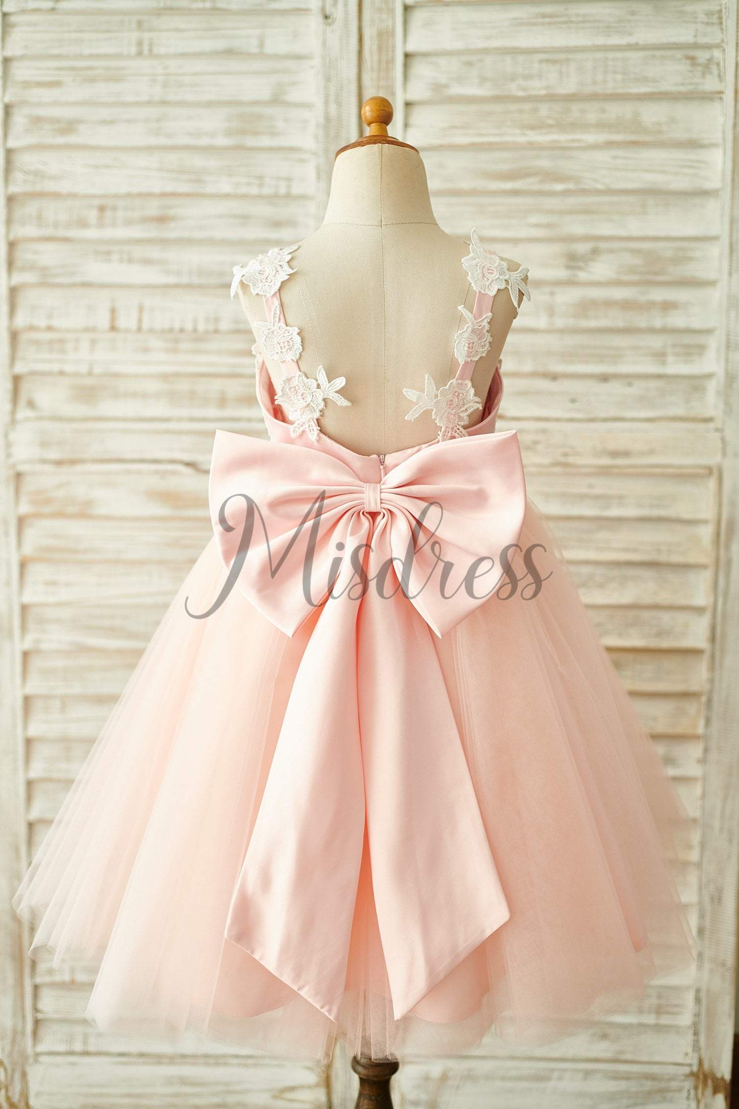 Lace Tulle Spaghetti Straps Wedding Flower Girl Dress With Bow - Flower Girl Dresses