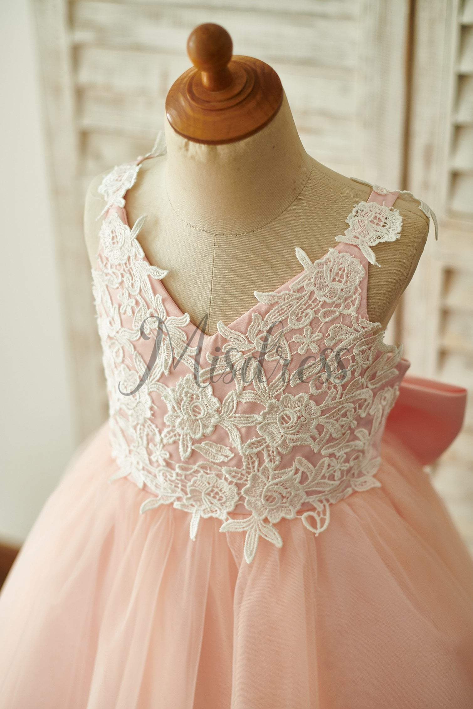 Lace Tulle Spaghetti Straps Wedding Flower Girl Dress With Bow - Flower Girl Dresses