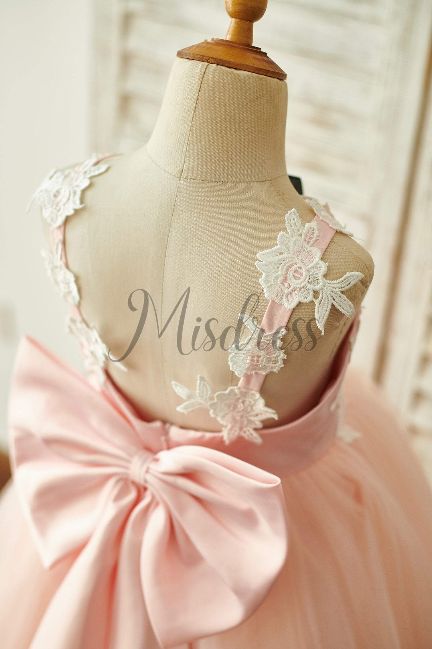 Lace Tulle Spaghetti Straps Wedding Flower Girl Dress With Bow - Flower Girl Dresses