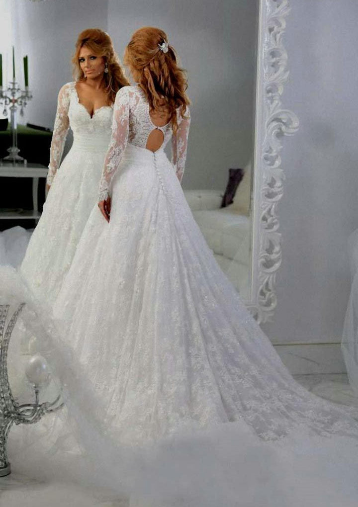 chinese dress ladies Lace Wedding Dress A-Line Chapel Keyhole Back Long Sleeve