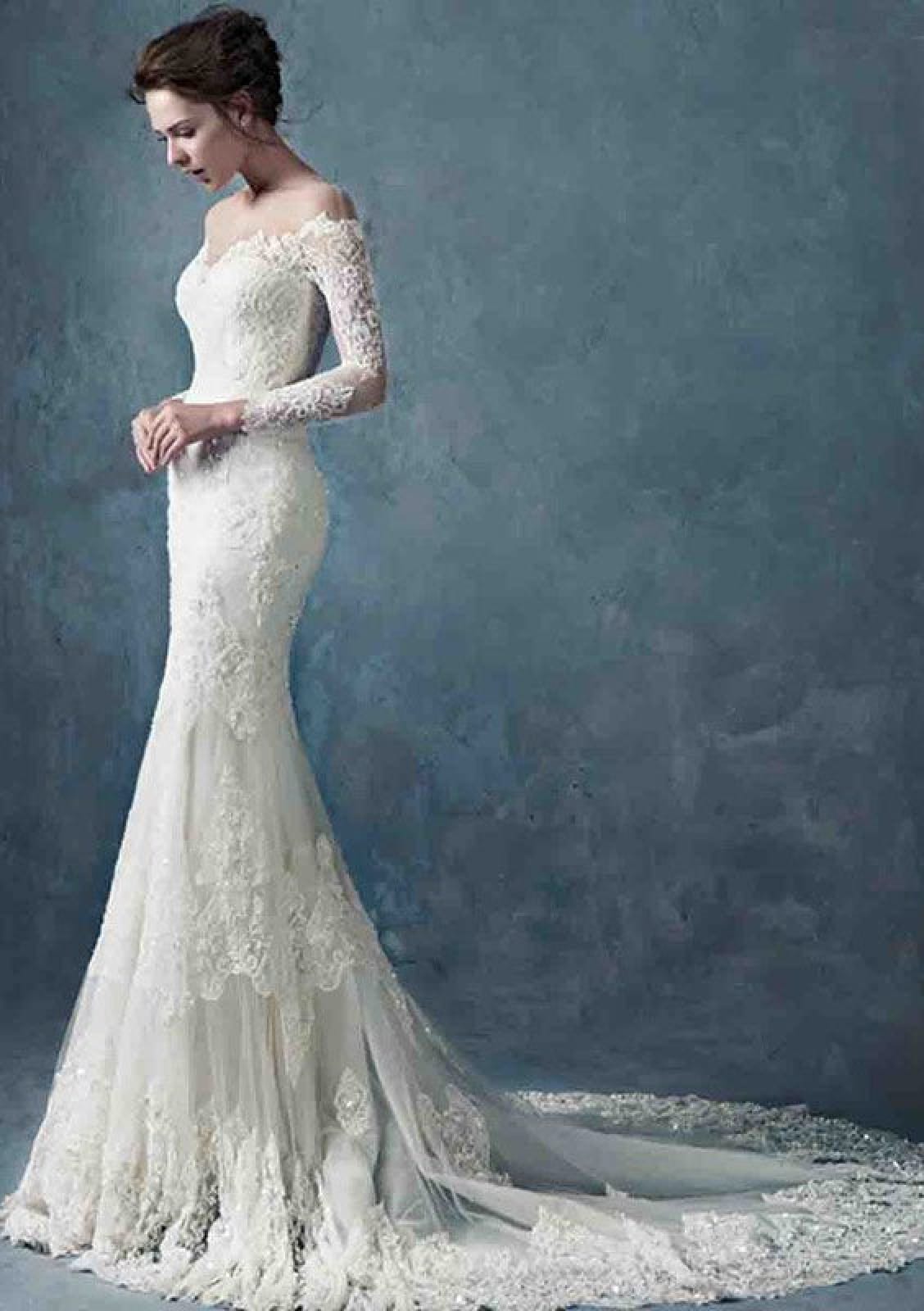 Lace Wedding Dress Trumpet Off Shoulder Court Train Beaded -