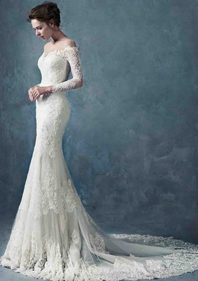 Lace Wedding Dress Trumpet Off Shoulder Court Train Beaded -