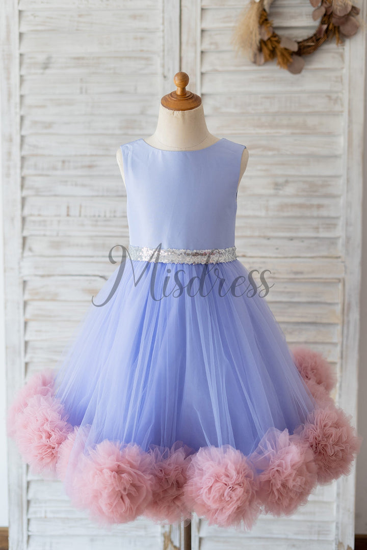 open lace back dress V Back Lavender Satin Tulle Mauve Ruffles Hem Flower Girl Dress 7T