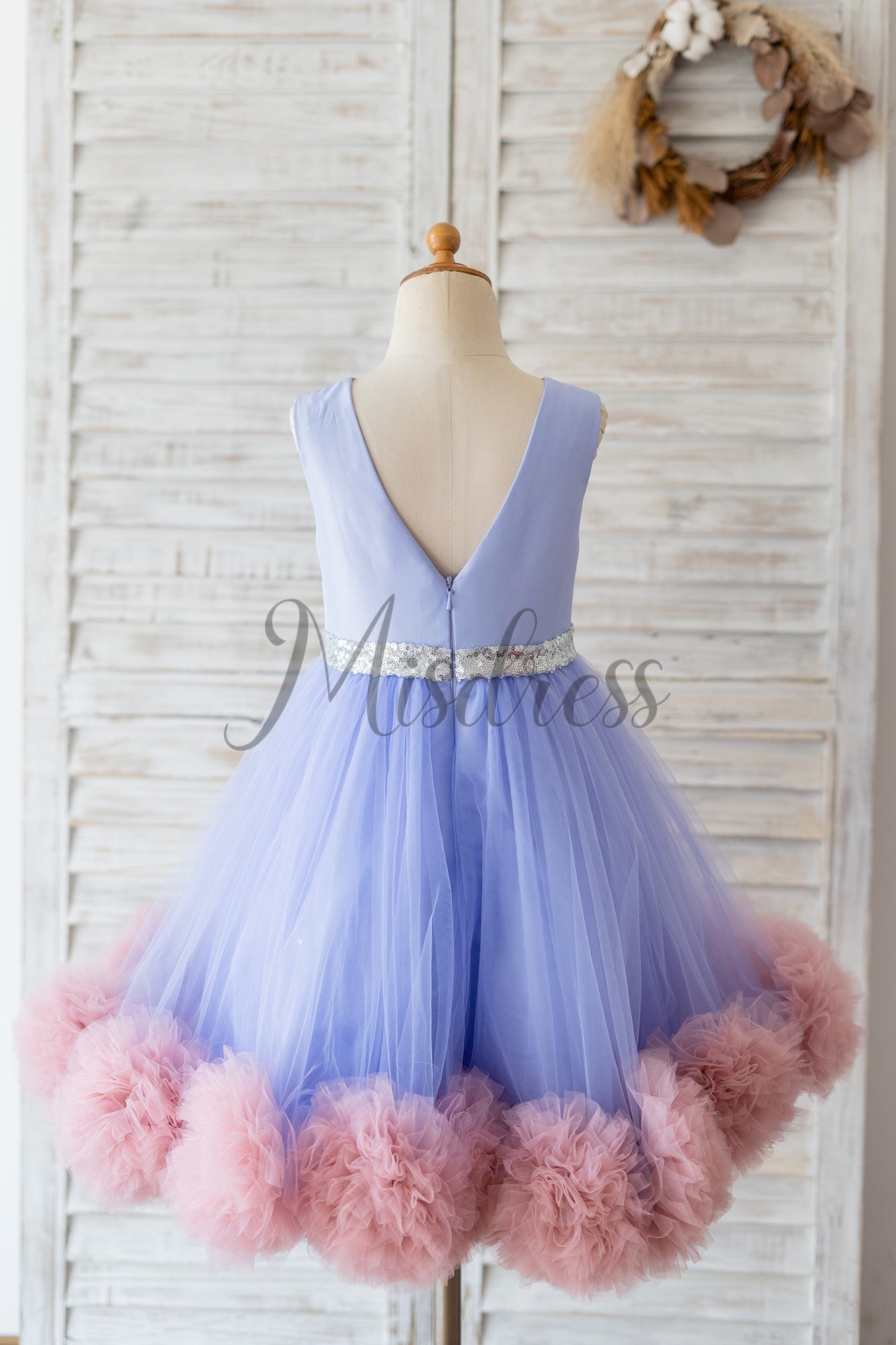 V Back Lavender Satin Tulle Mauve Ruffles Hem Wedding Flower Girl Dress