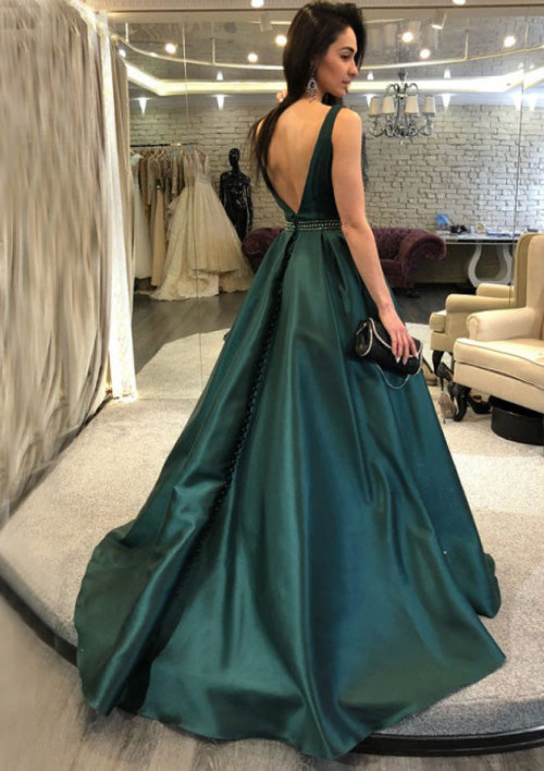 A-line V Back Sleeveless Court Train Satin Prom Dress Formal Evening G