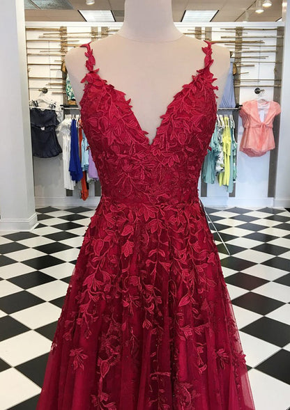A-line/Princess V Neck Backless Sleeveless Long Tulle 