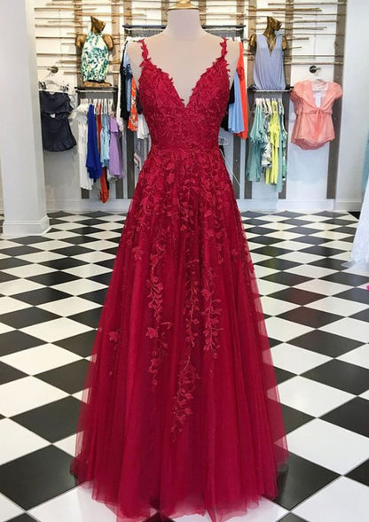 A-line/Princess V Neck Backless Sleeveless Long Tulle 