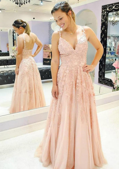 A-line/Princess V Neck Backless Sleeveless Long Tulle 