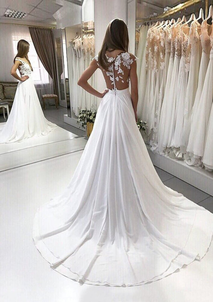A-Line Bateau Floor Length Court Chiffon Wedding Dress Lace 
