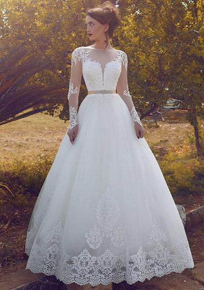 A-line Bateau Sheer Long Sleeve Tulle Wedding Dress 